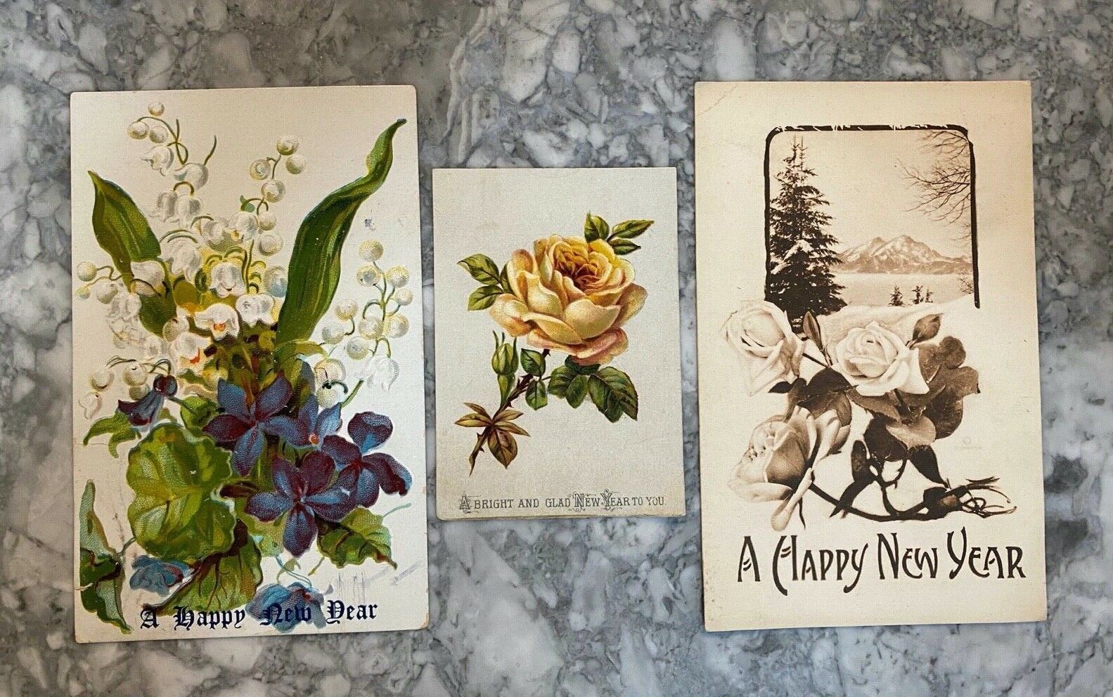Antique 1910-1913 Floral Happy New Year Postcard Set Of 3 Posted W/ Stamp