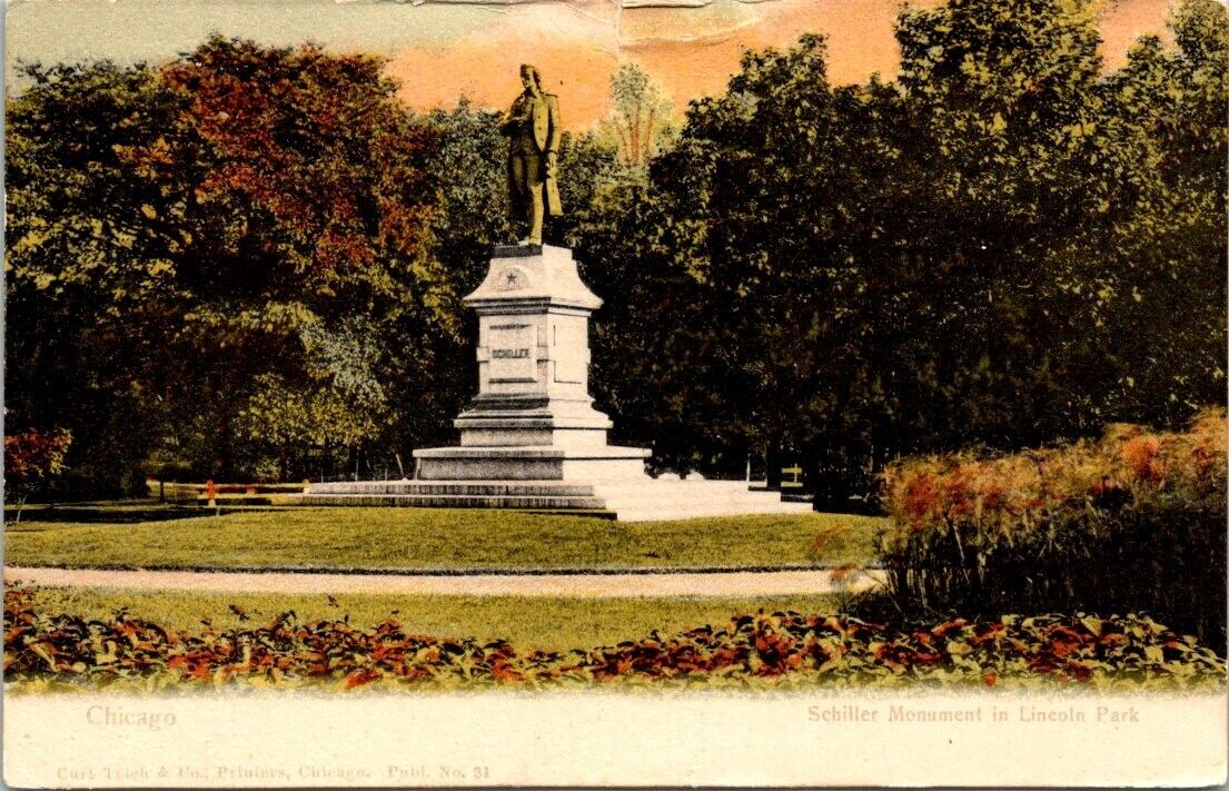 Vintage postcard- Schiller Monument in Lincoln Park Chicago Illinois posted 1904