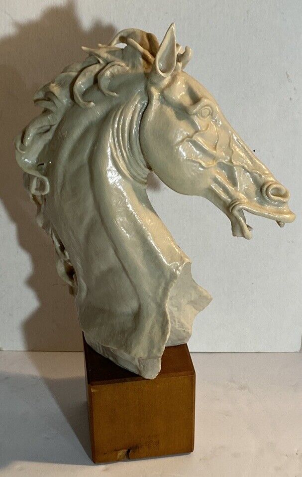 G Armani Porcelain Horse Sculpture Statue Head White on wood Italy w/chipped ear