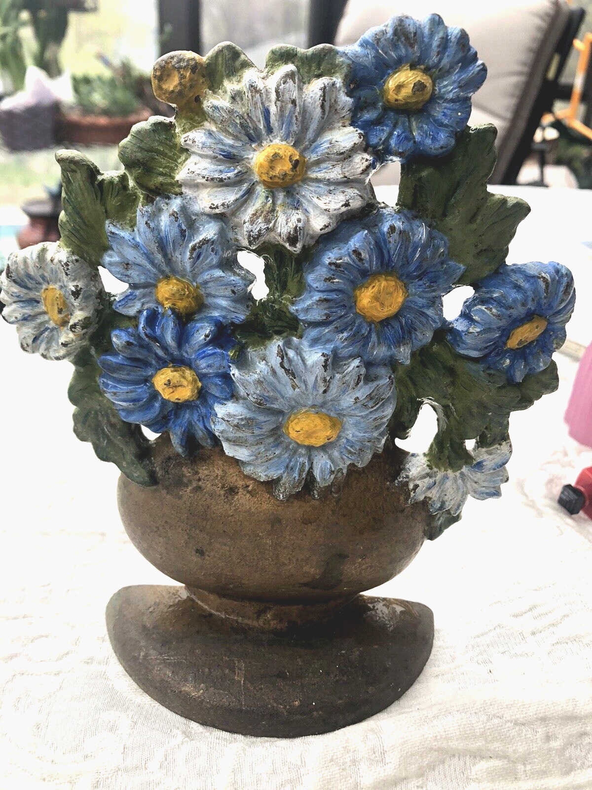 Vintage Doorstop --Vase of Blue Flowers with Yellow Centers --6 1/2 inches 