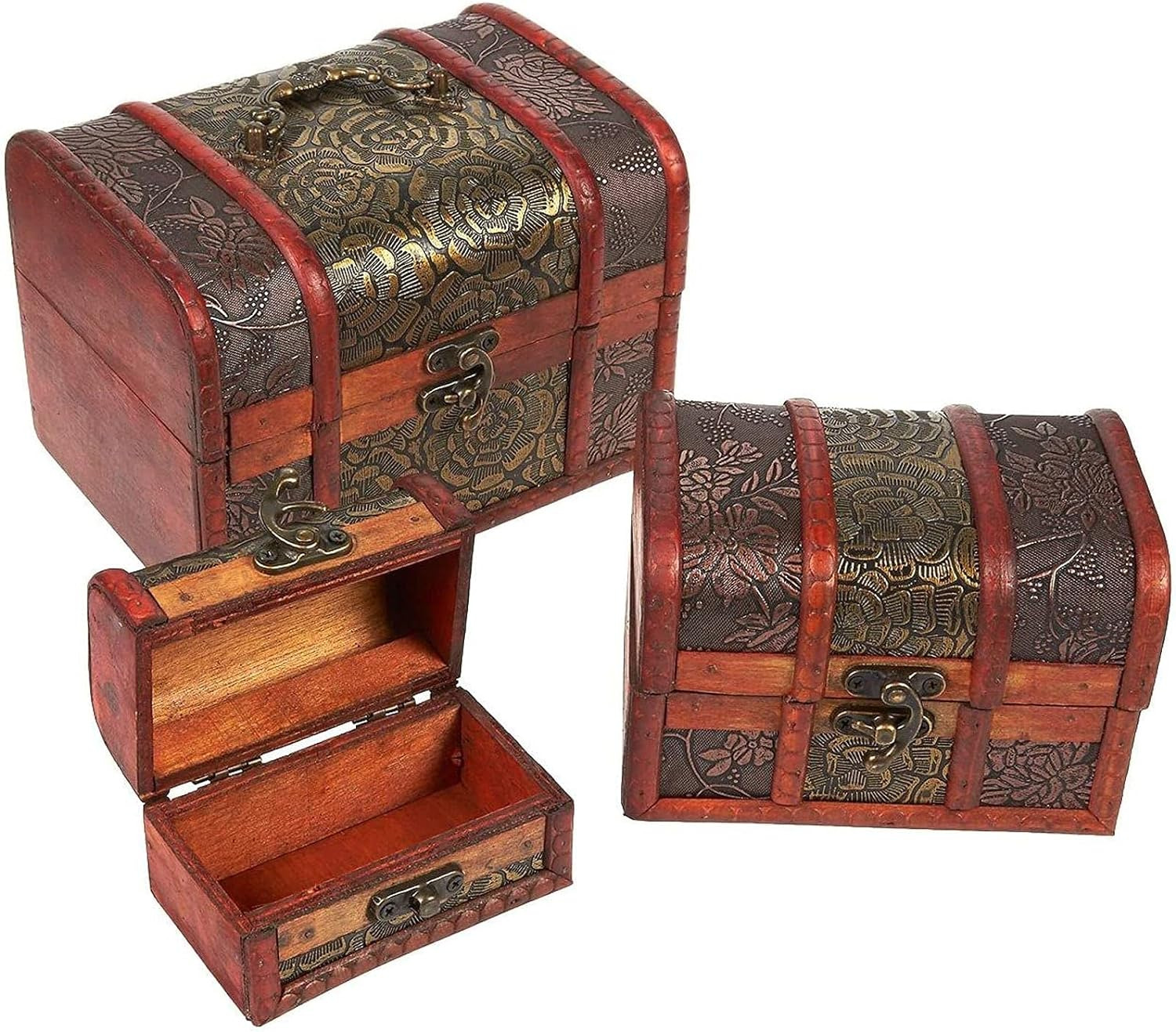 Juvale 3-Set Small Wooden Treasure Chest Boxes with Flower Motifs, Decorative Vi