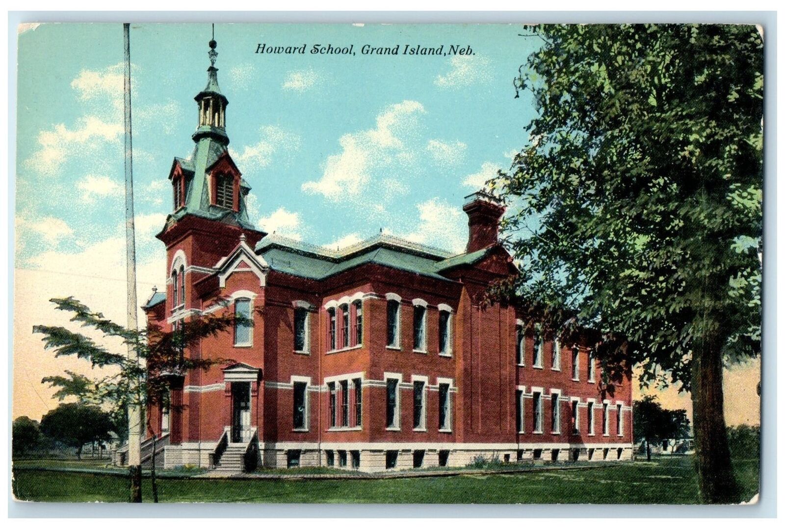 c1910\'s Howard School Building Exterior Grand Island Nebraska NE Trees Postcard