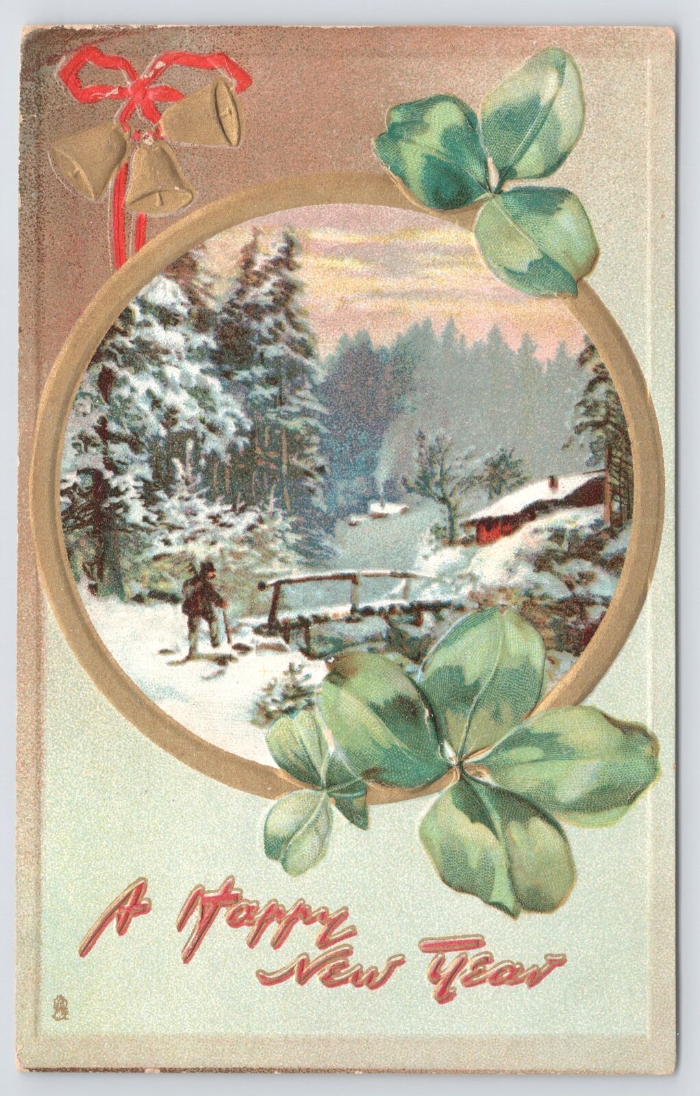 TUCK~New Years~139~PM 1912~A Happy New Year~Clovers~Ribbon~Bells~Winter Scene~PC