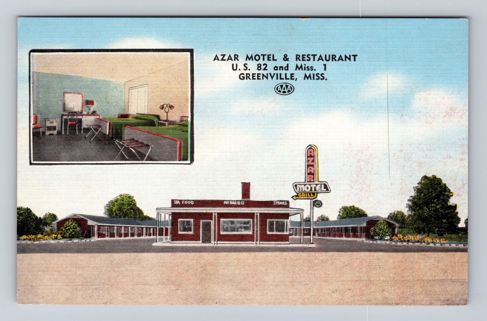 Greenville MS-Mississippi, Azar Motel & Restaurant Advertising, Vintage Postcard