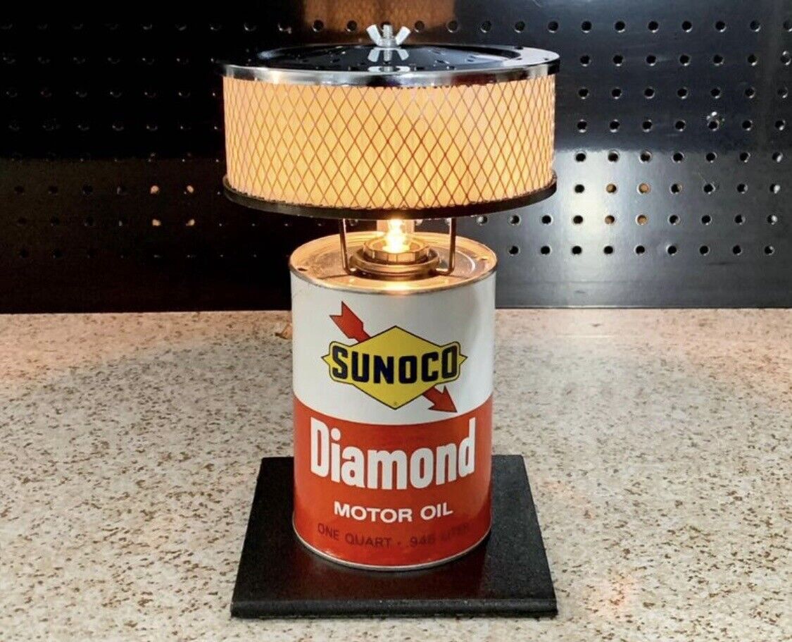 Authentic Sunoco Premium Oil Can Lamp with Chrome Air Cleaner Shade