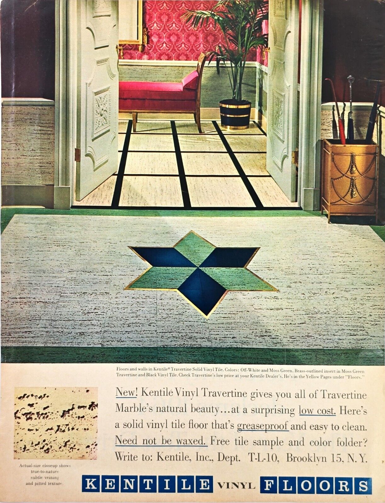 Kentile Vinyl Travertine Floors Vintage 1963 Print Ad 10x13