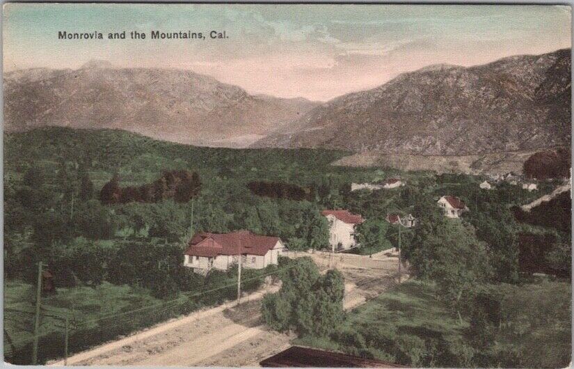 MONROVIA, California Hand-Colored Postcard Bird\'s-Eye Mountain View c1910s