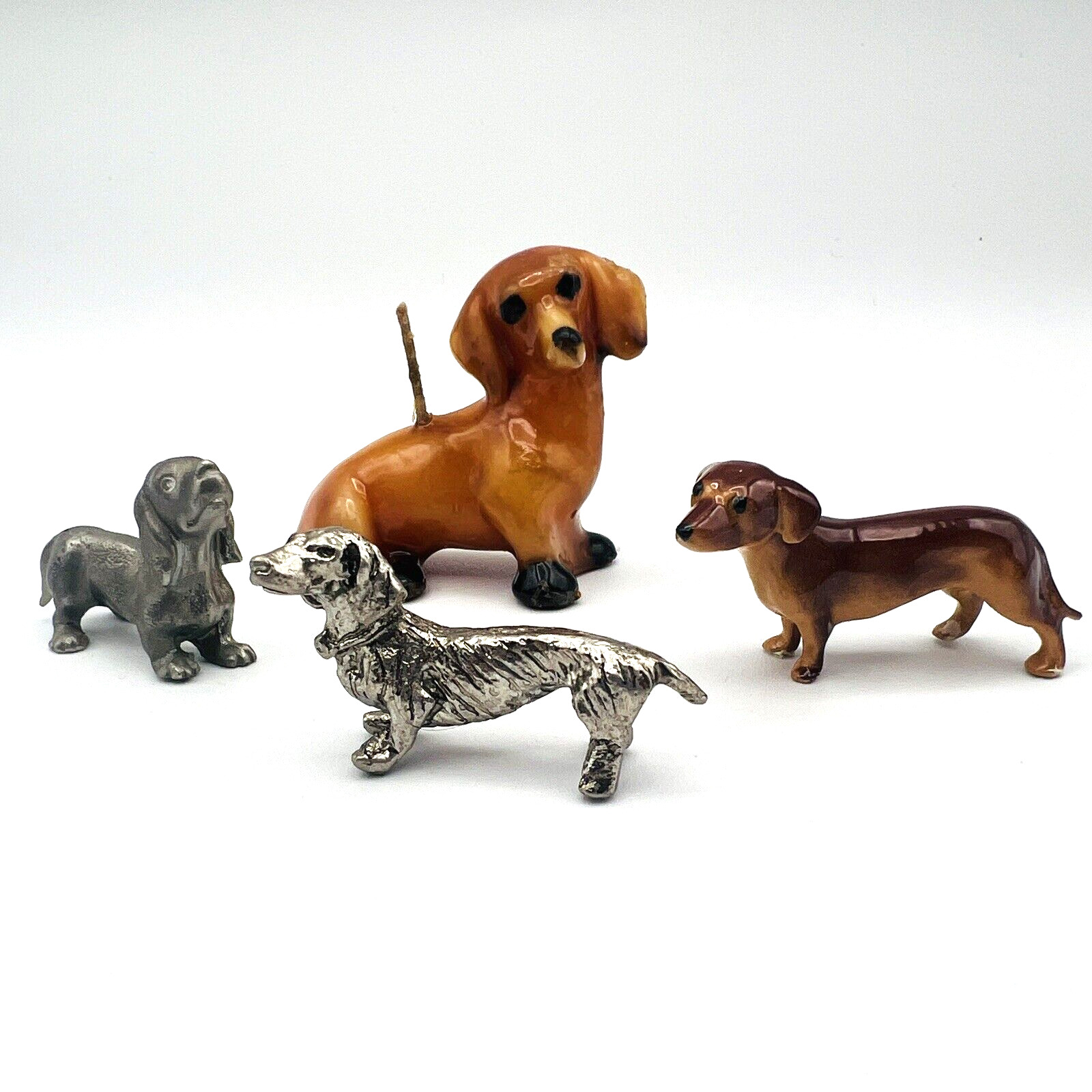 Vintage Miniature Daschund Dog Figurine Lot of 4 Pewter Ceramic and Candle