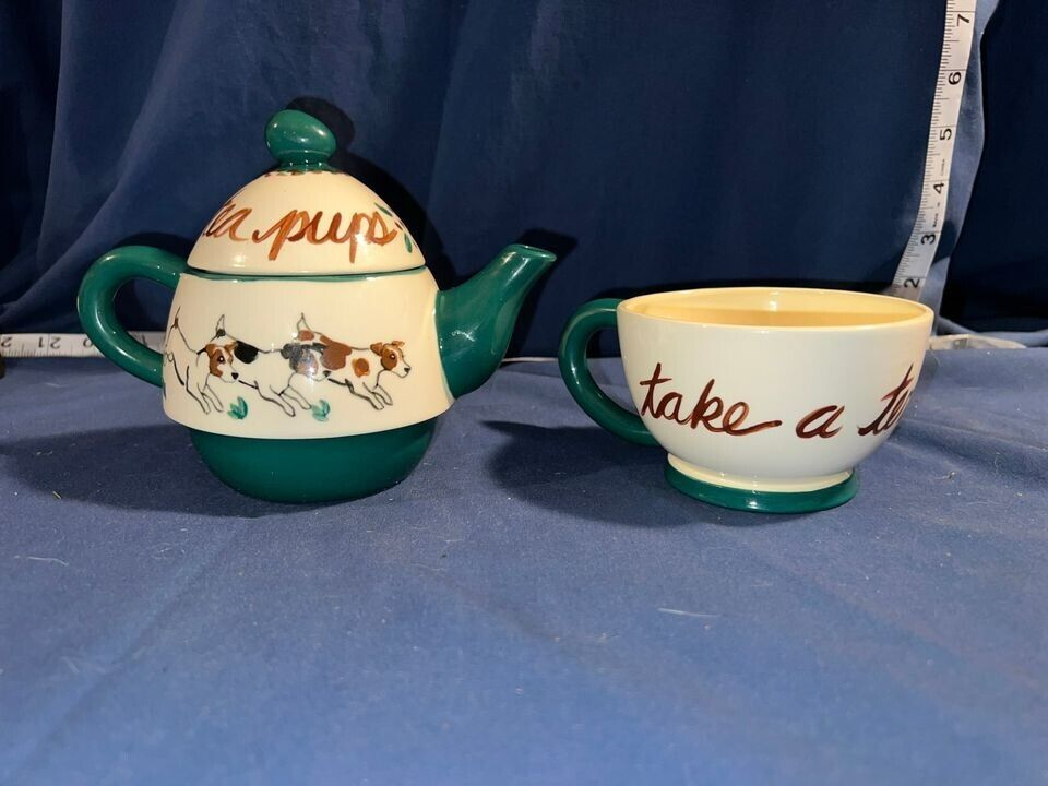 Jack Russell Zeppa Studios Hand Painted Tea Pot and Tea Cup - Vintage - 1980\'s