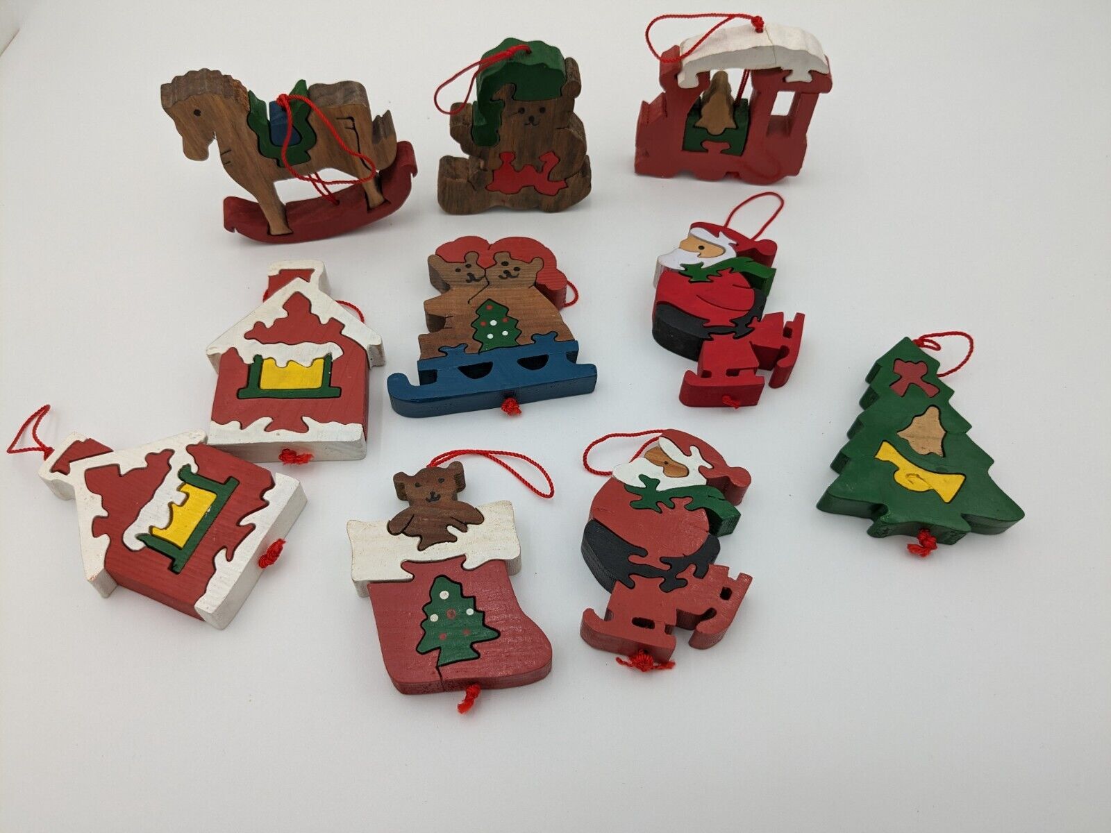 Vintage Wood Jigsaw Puzzle Christmas Ornaments Set of 10
