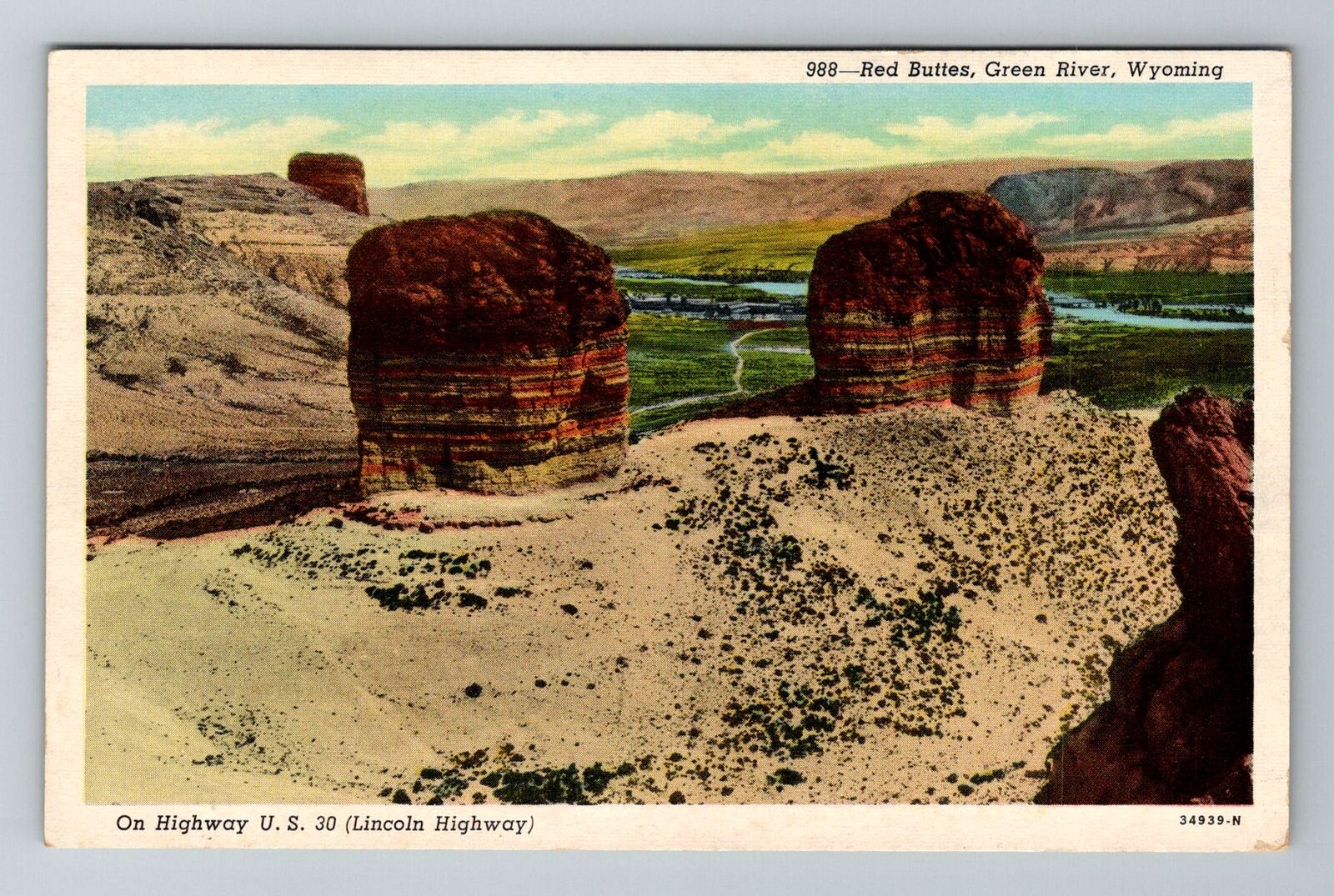 Green River WY-Wyoming, Red Buttes, Aerial, Antique, Vintage Souvenir Postcard