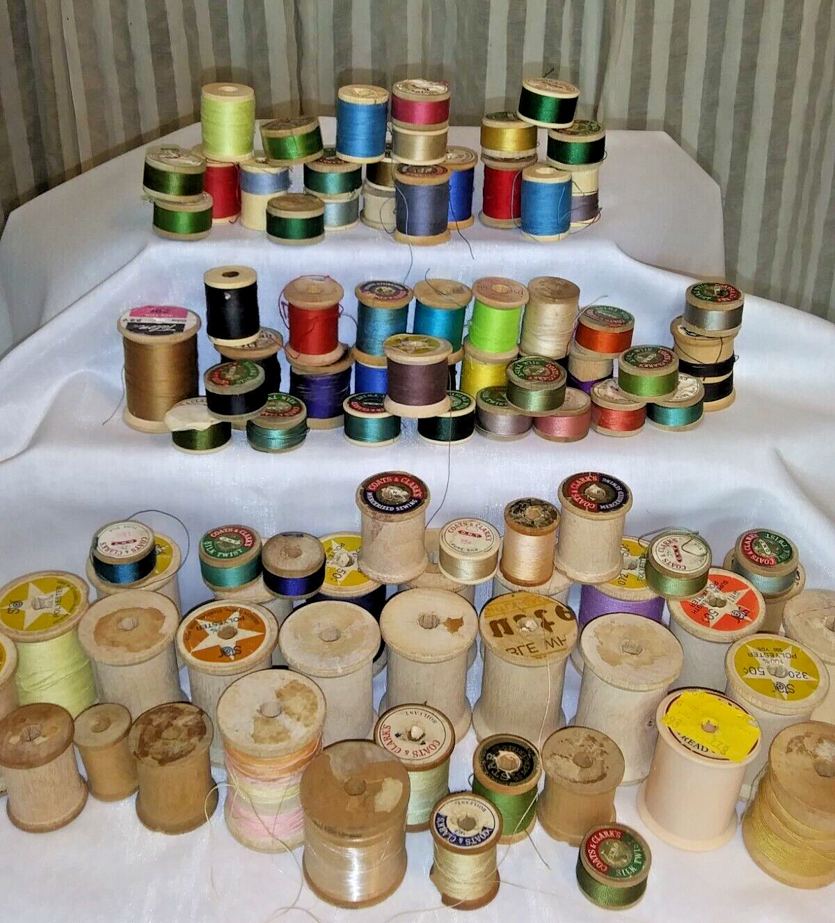 Vintage Sewing Thread Wood Spools Crafts Art Small to Large Sizes Lot Of 90