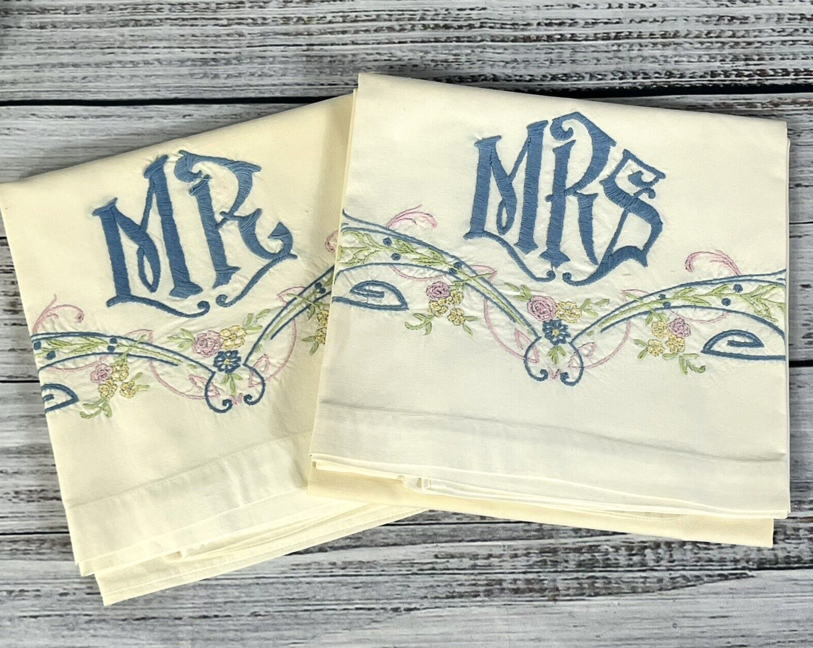 Vintage 2 Pillowcases Set Mr & Mrs Blue Pink Embroidery Wedding Granny Core