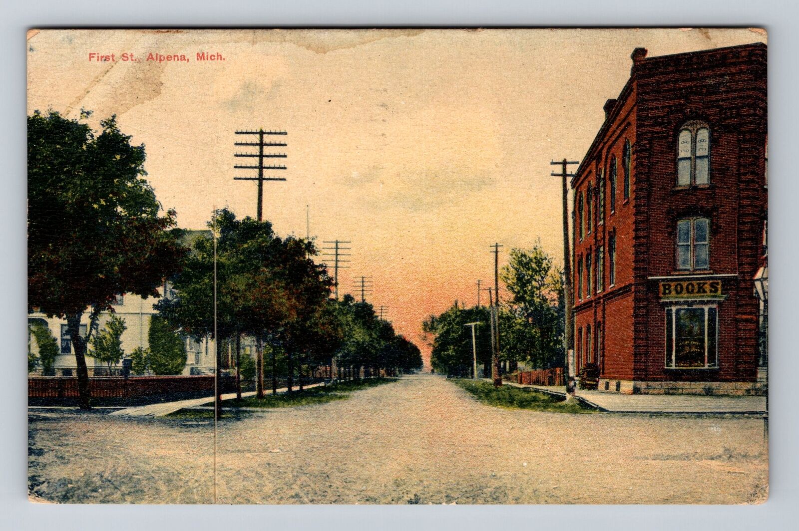 Alpena MI-Michigan, First St, Books, Antique, Souvenir, Vintage c1910 Postcard