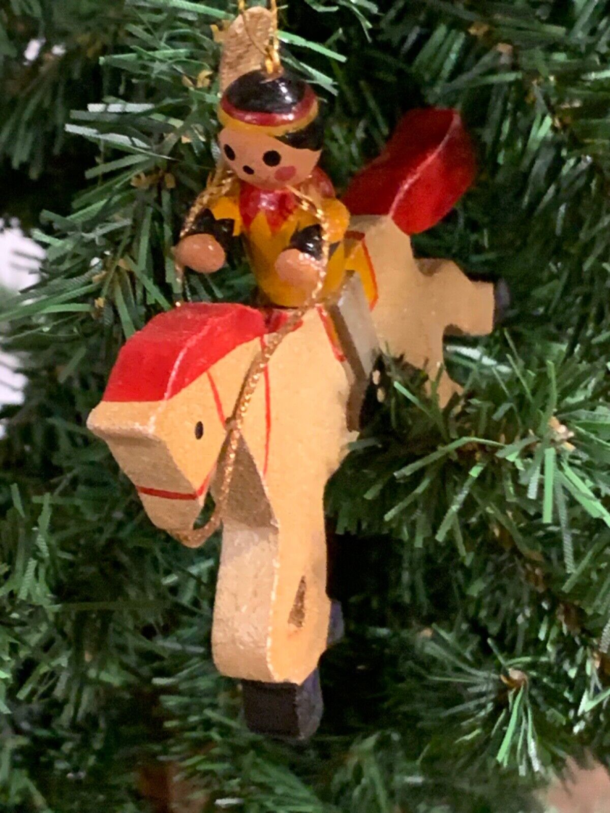 CHRISTMAS WOODEN ORNAMENT INDIAN RIDING HORSE 1980\'S