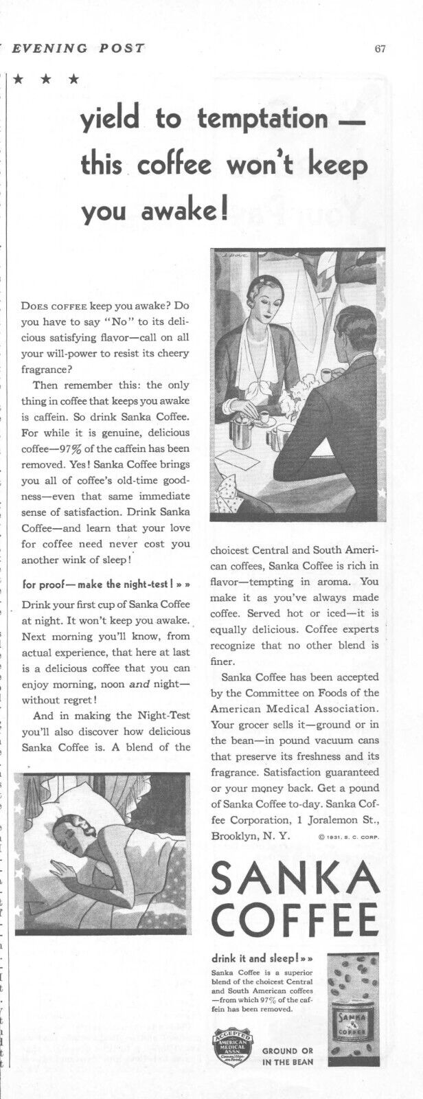 1931 Sanka Coffee Vintage Print Ad Drink It And Sleep Decaffeinated