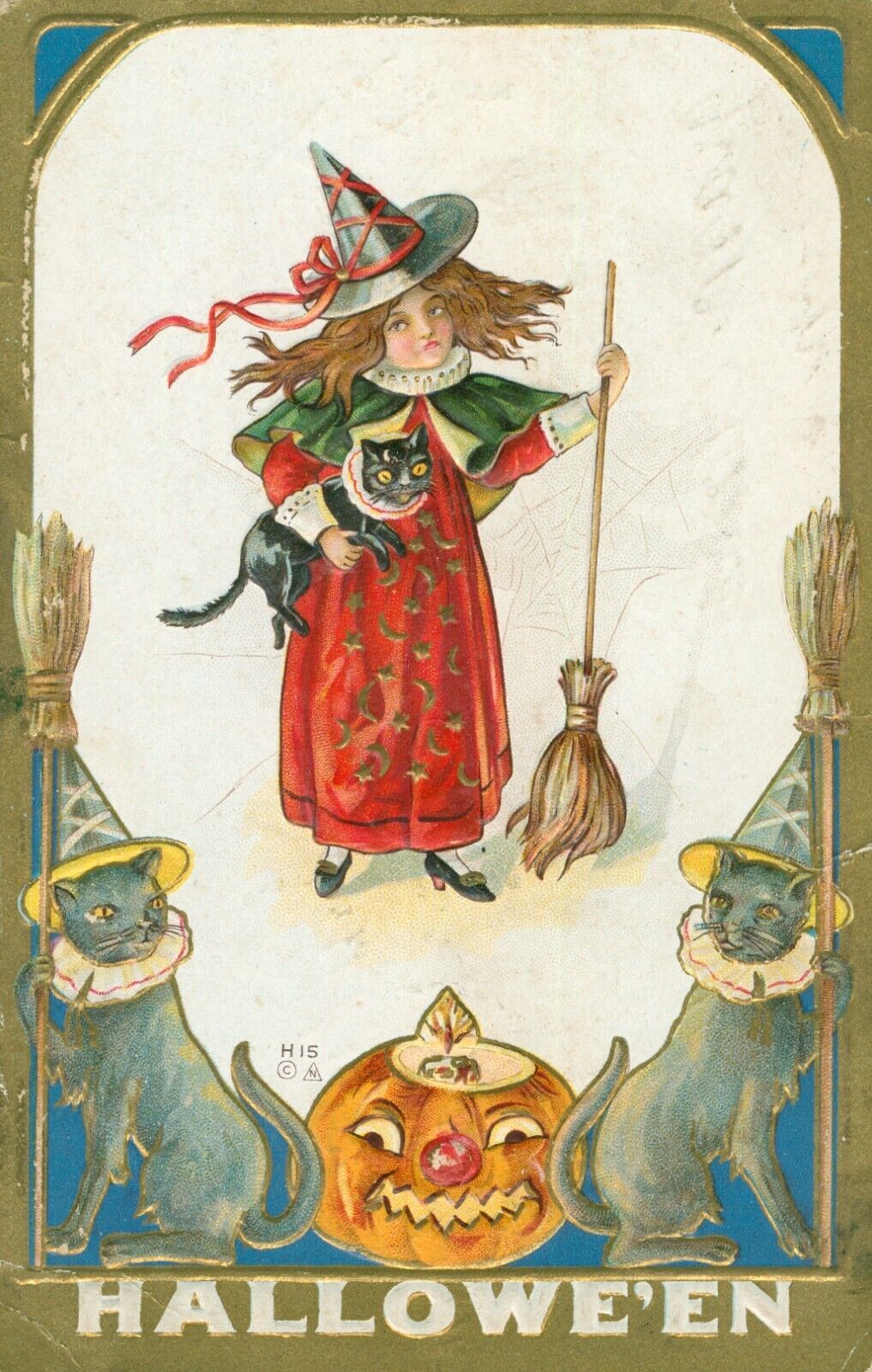 Nash H15 Little Witch With Broom Halloween Postcard~Antique~Black Cats~JOL~c1912