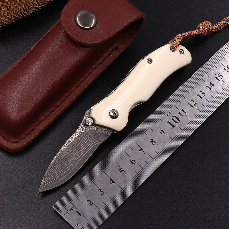 Mini Drop Point Folding Knife Pocket Hunting Survival Damascus Steel Bone Handle