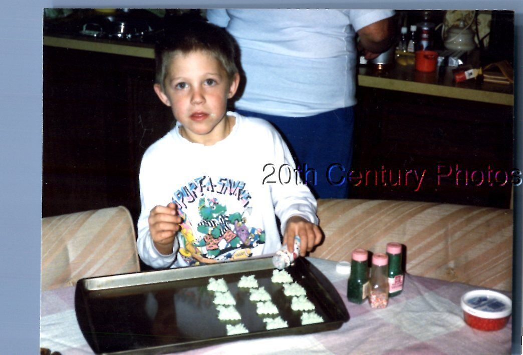 FOUND COLOR PHOTO P+6111 BOY MAKING COOKIES AT TABLE