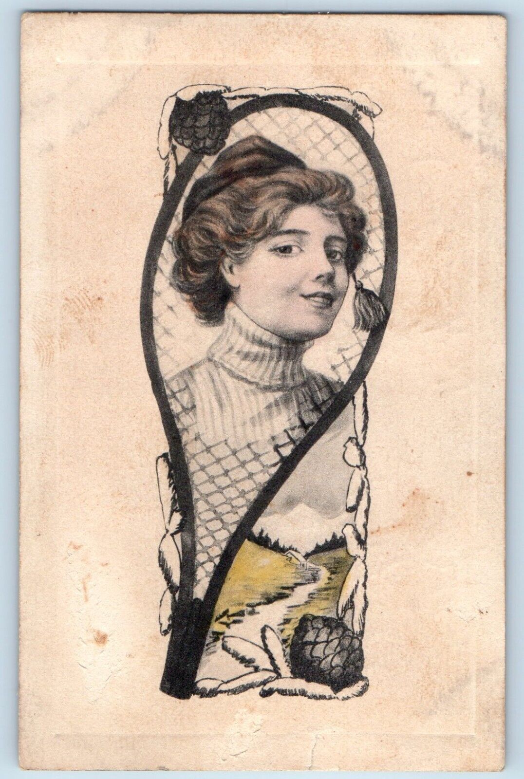Potosi Wisconsin WI Postcard Pretty Woman Tennis Racket c1910\'s Antique Posted