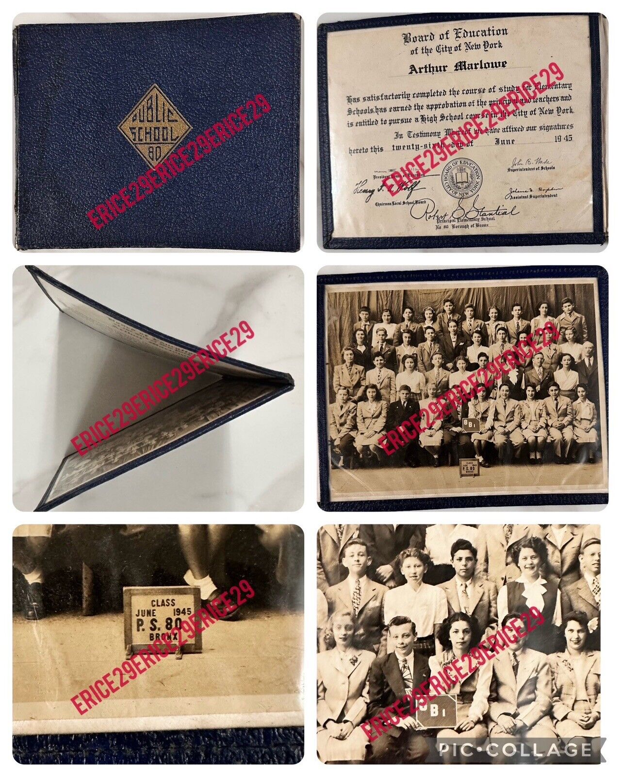 Vintage WWII June 1945 P.S. 80 Bronx New York City Diploma & Class Photograph