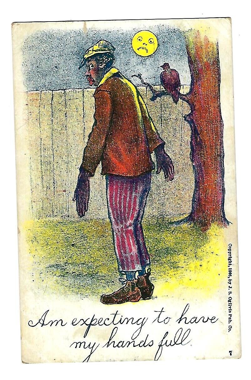 c1907 J.S. Ogilvie Postcard Moon, Hawk, Man Standing Striped Pants