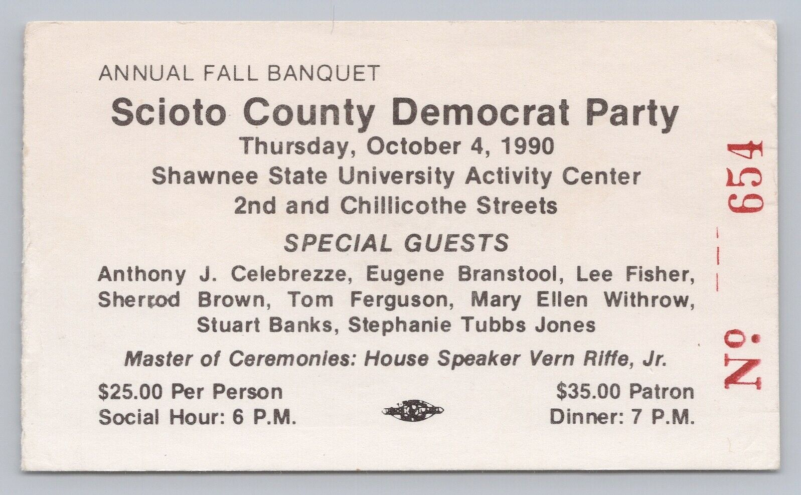 1990 Portsmouth Ohio Scioto County Democrat Party Fall Banquet Ticket Stub