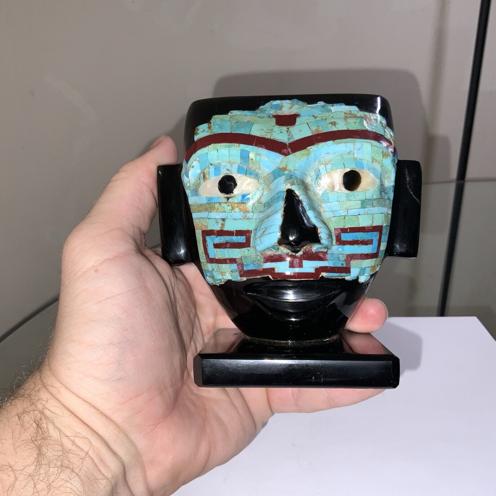 4.5” X 4.5” MOSAIC TURQUOIS CORAL /ONYX OBSIDIAN MAYA DEATH MASK STATUE - MEXICO