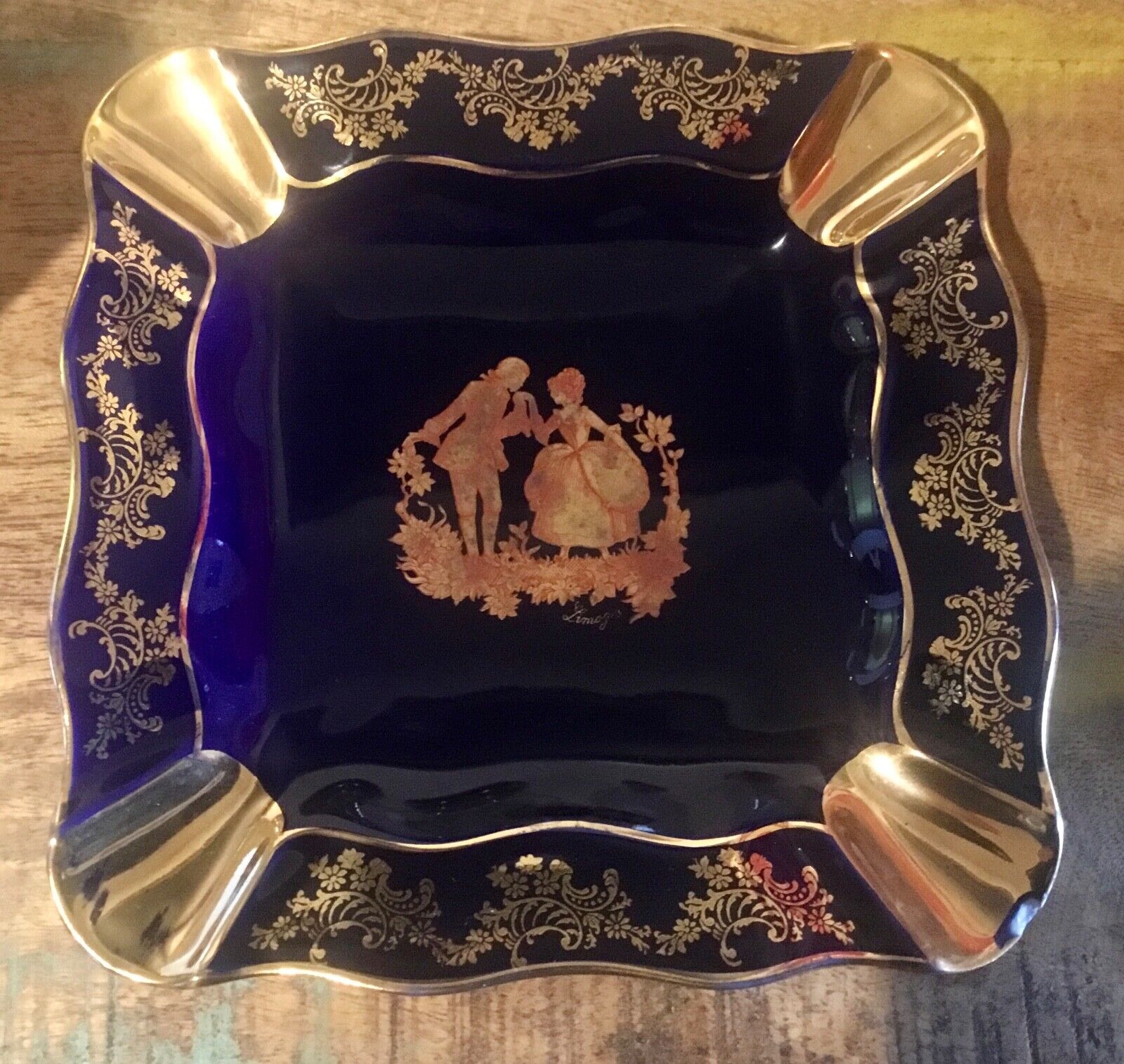 Limoges France Porcelain Vintage Ashtray  Cobalt Blue  Gold Accents Ornate