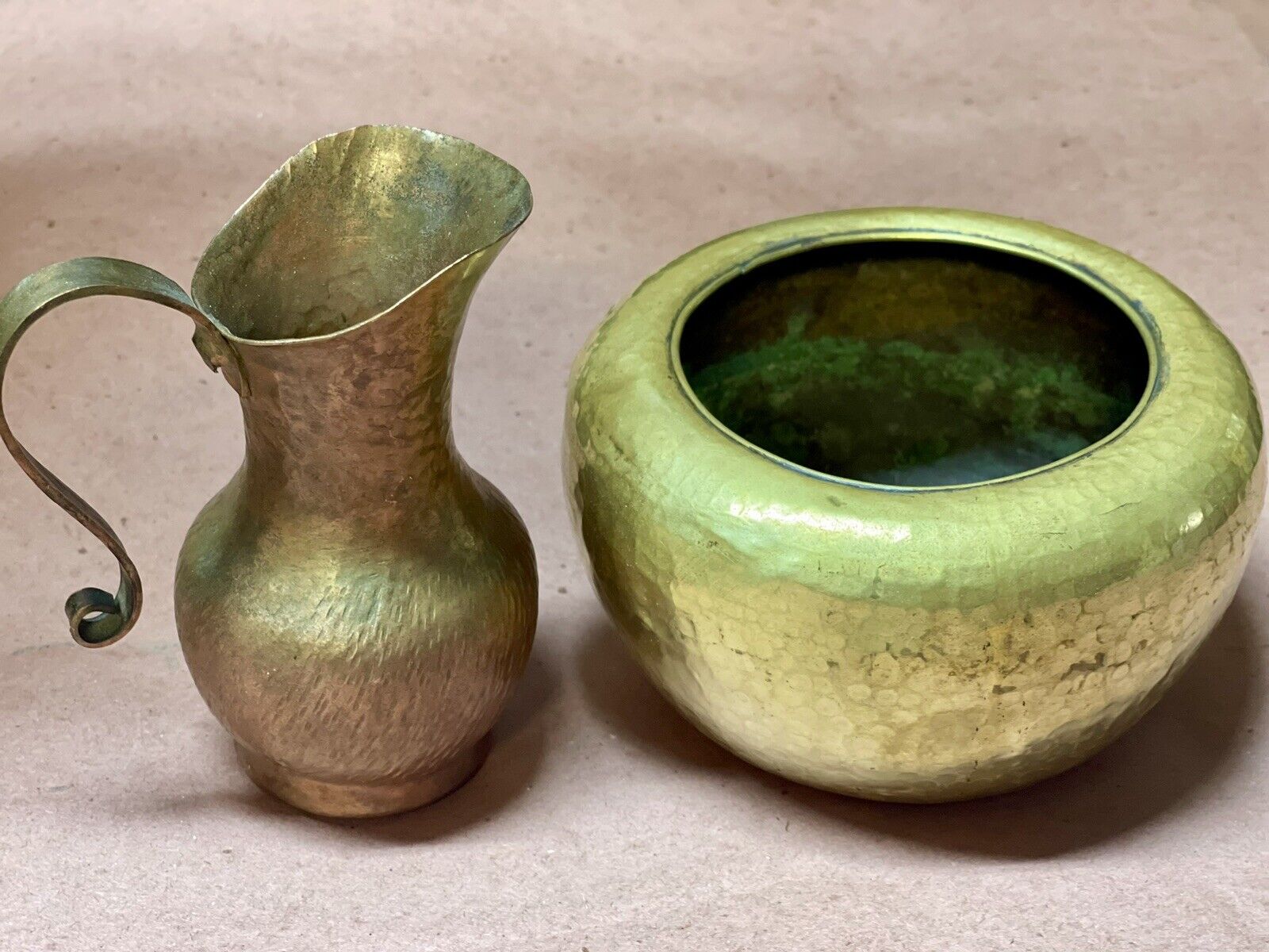 Set Of Antique Hand Hammered Copper Bowl & Pouring Vessel