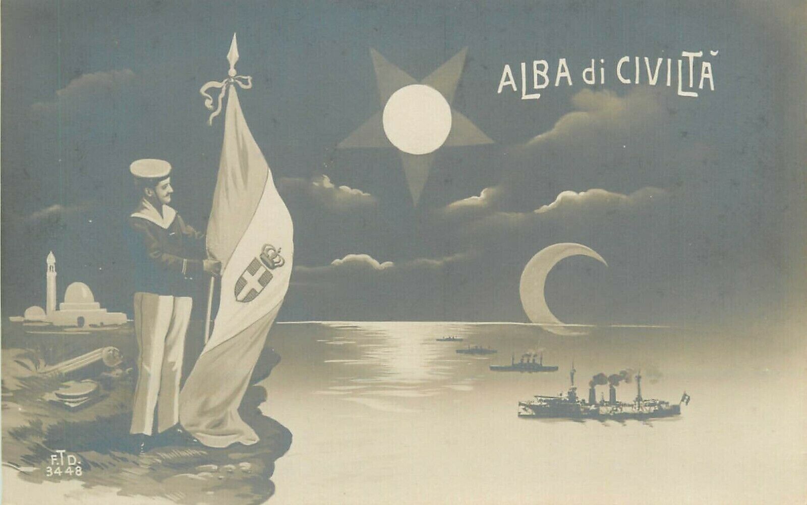Italian-Turkish war fleet patriotic sailor unrolling the flag in Libya c.1911