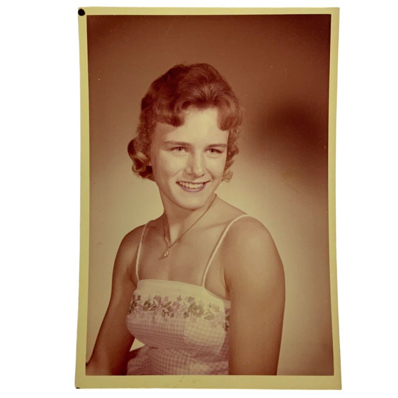 Pretty Young Woman Spaghetti Strap Dress Studio Portrait Color Print Vtg 1950s