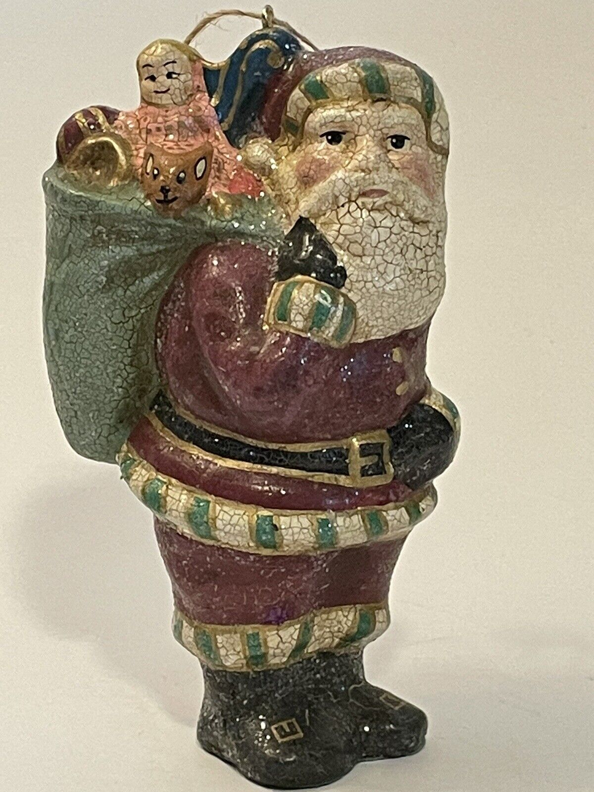 Vintage Crackle Finish Old Fashioned Santa Holding Bag of Toys Tree Ornament 6\