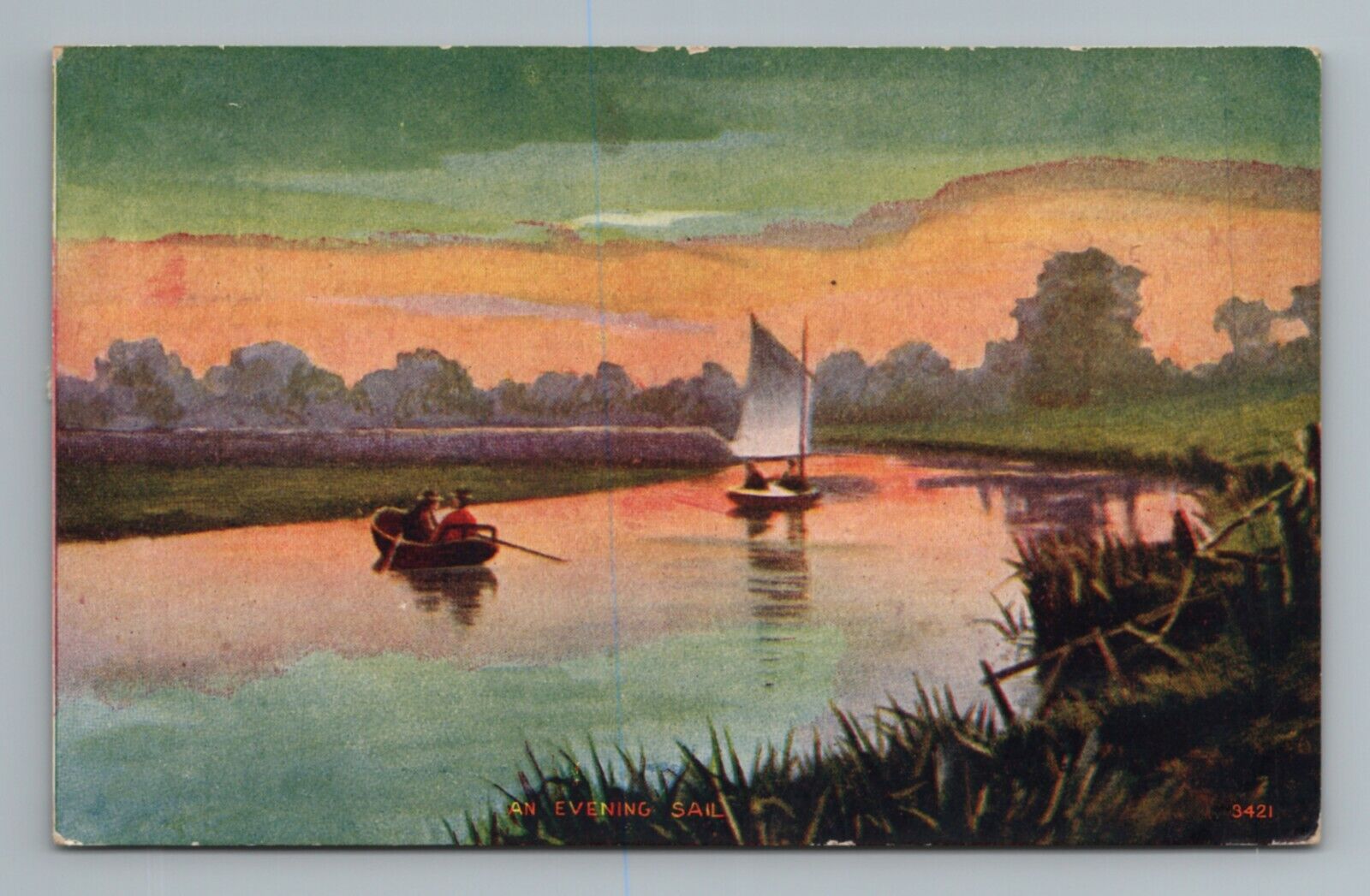 1909 Evening Sail Boat Vintage Postcard