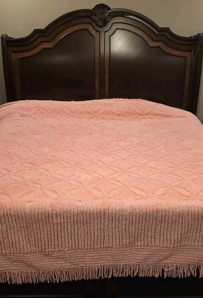 Vintage 1960s Chenille Bedspread Queen  Flamingo Pink