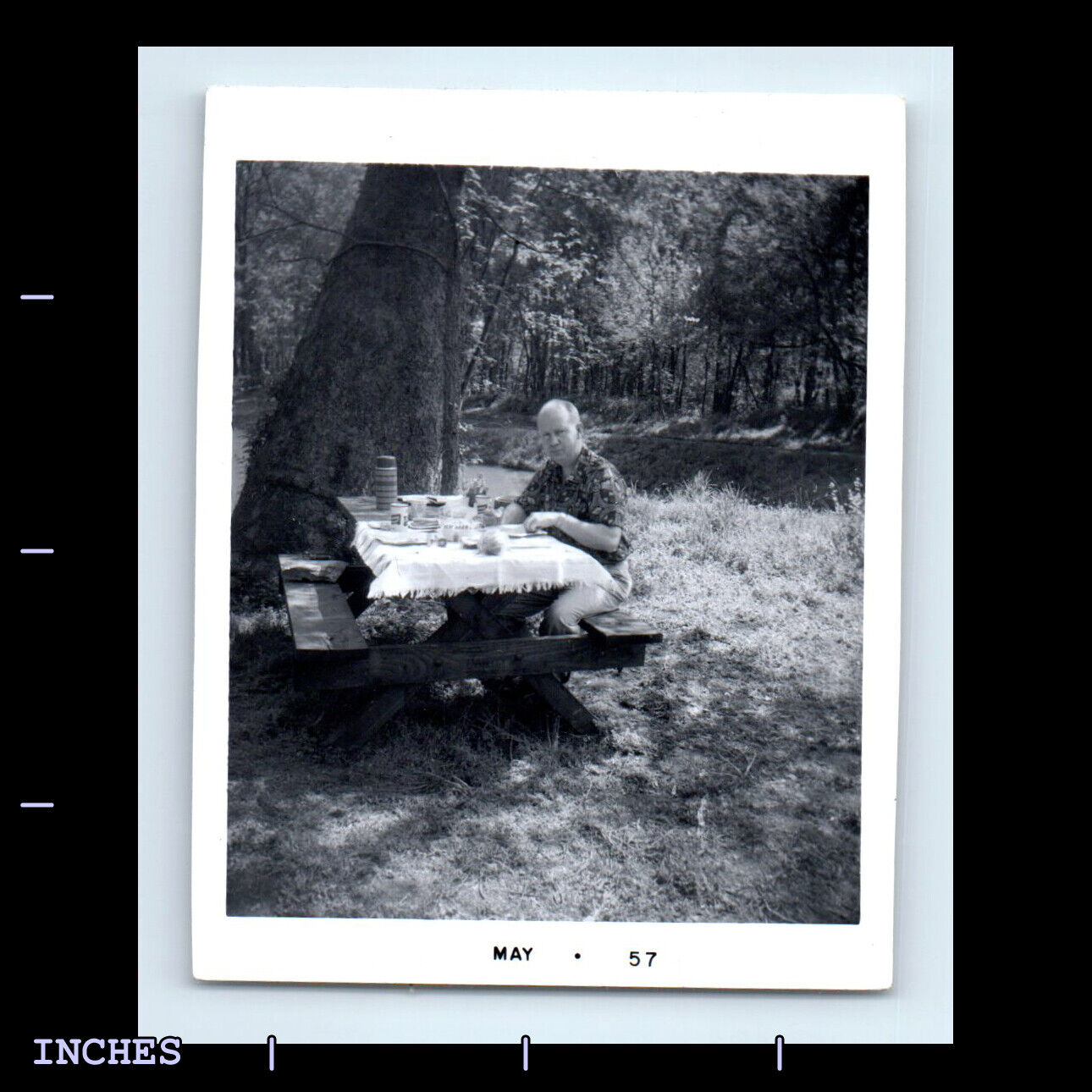 Vintage Photo MAN SITTING AT PICNIC TABLE THERMOS 1957