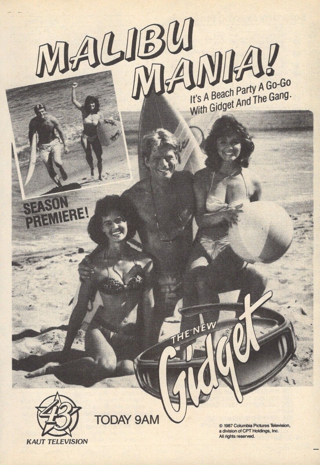 1987 TV AD NEW GIDGET CARYN RICHMAN DEAN BUTLER SYDNEY PENNY MALIBU SURFBOARD