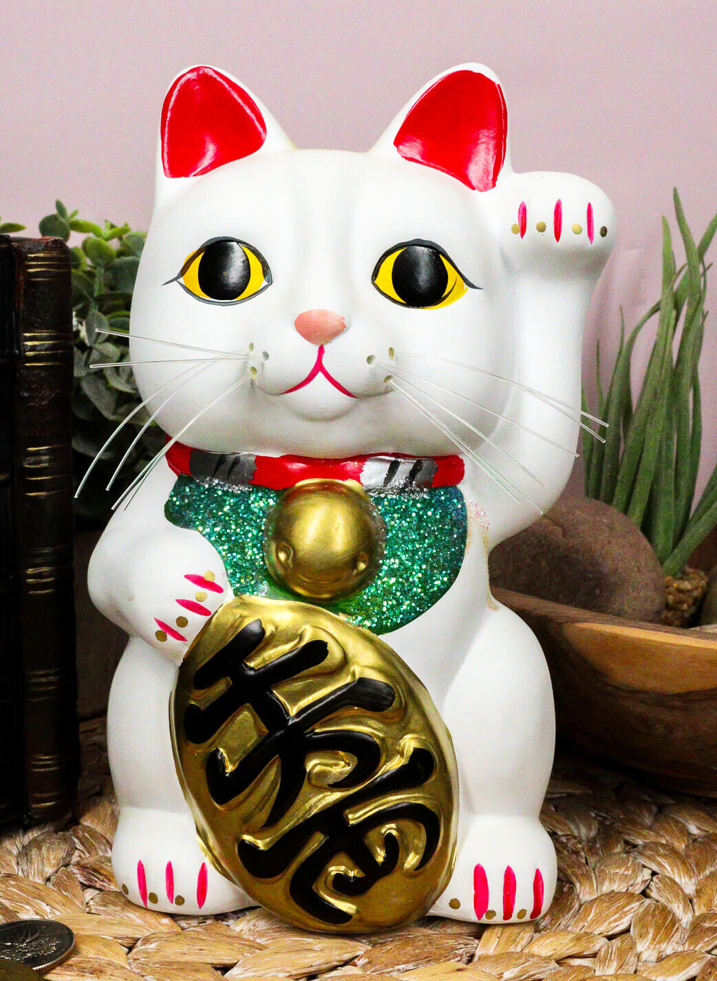 Japanese Lucky Charm White Beckoning Cat Maneki Neko Money Bank 8.5\