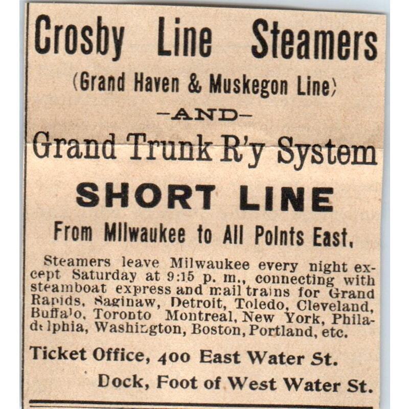 Crosby Line Steamers Grand Trunk Railway Short Line Milwaukee 1898 Clip AF7-SS9
