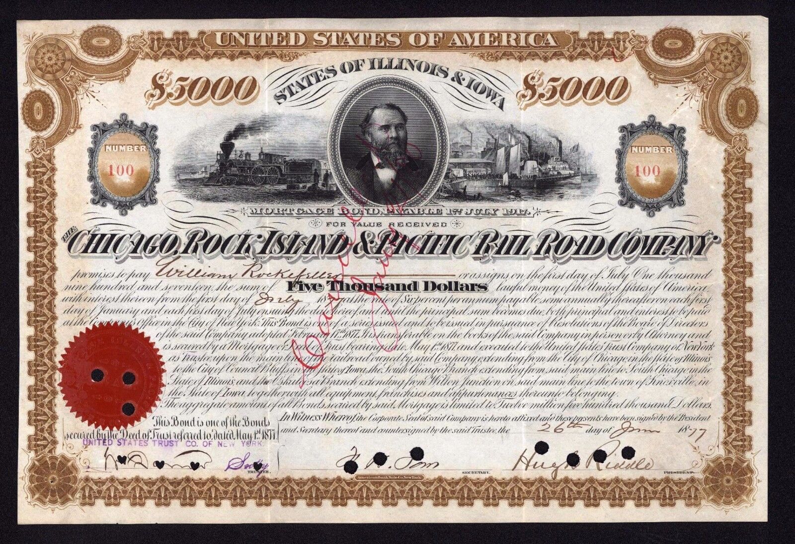 1878 William Rockefeller Standard Oil Partner signs 1877 Rare Stock Certificate