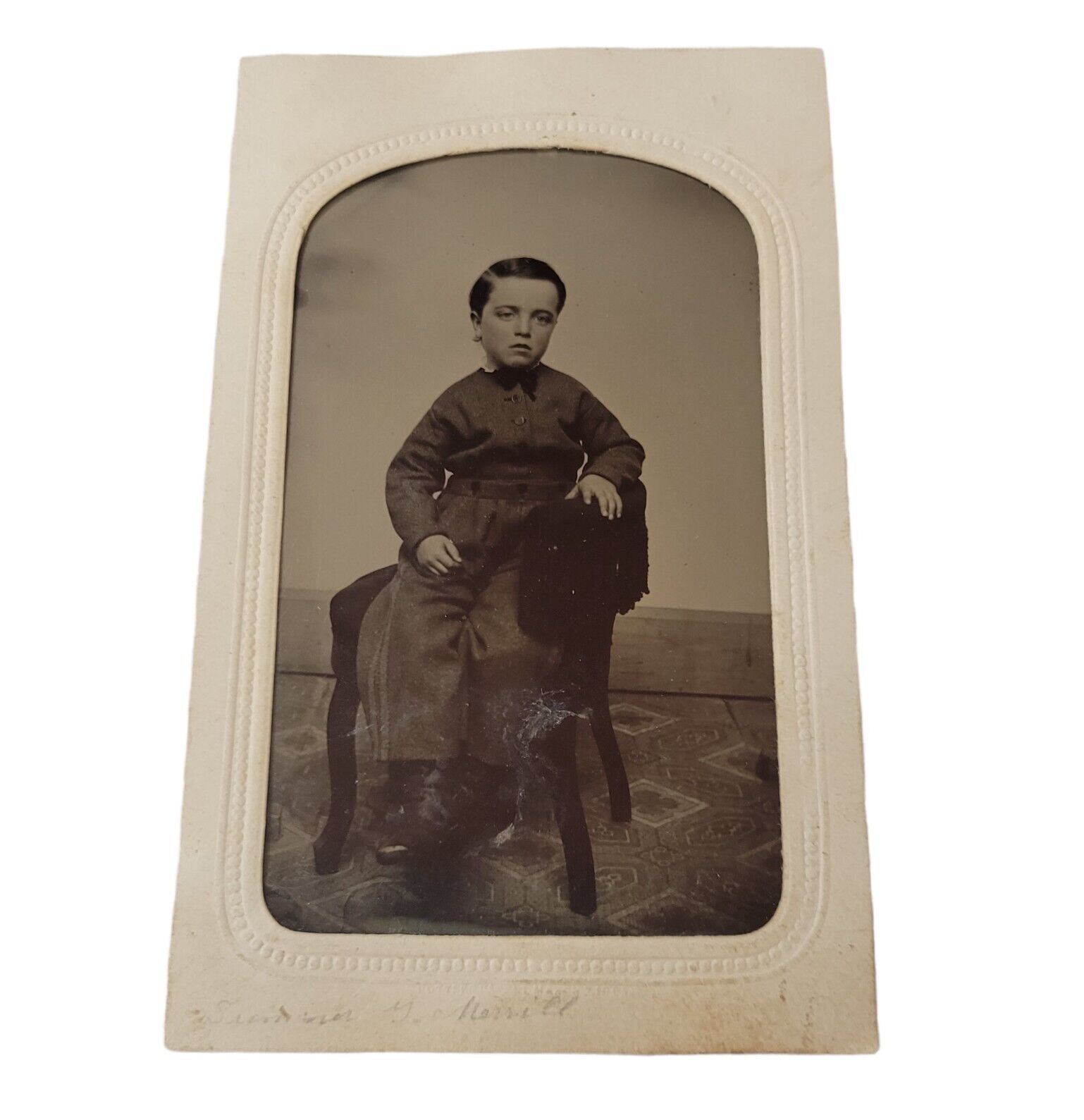 Antique Tintype Photograph Dapper Little Boy In Chair Victorian Era 2.25\