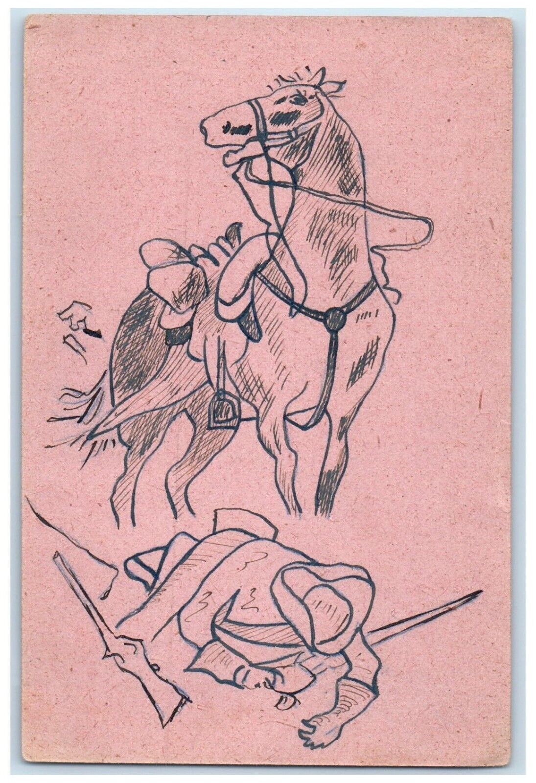 c1910's Horse Cowboy Hand Drawn Pen Art Unposted Antique Postcard