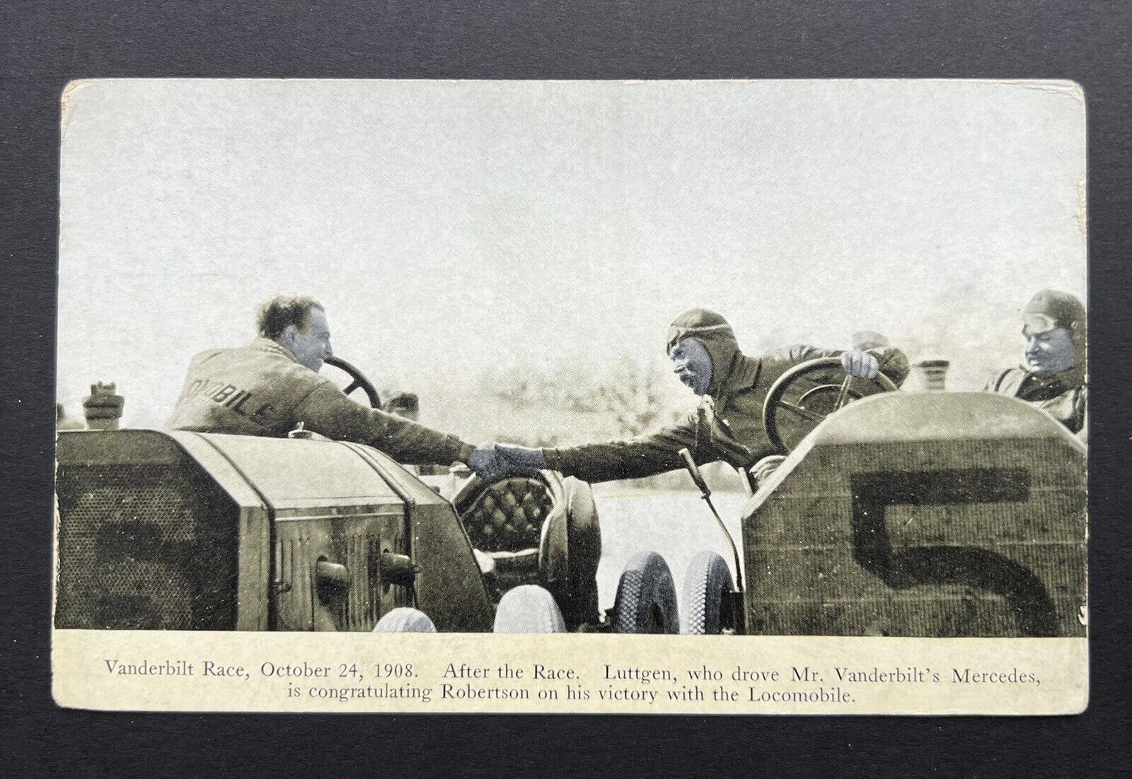 1908 Vanderbilt Cup Race Postcard / Luttgen Congratulates Robertson’s Win