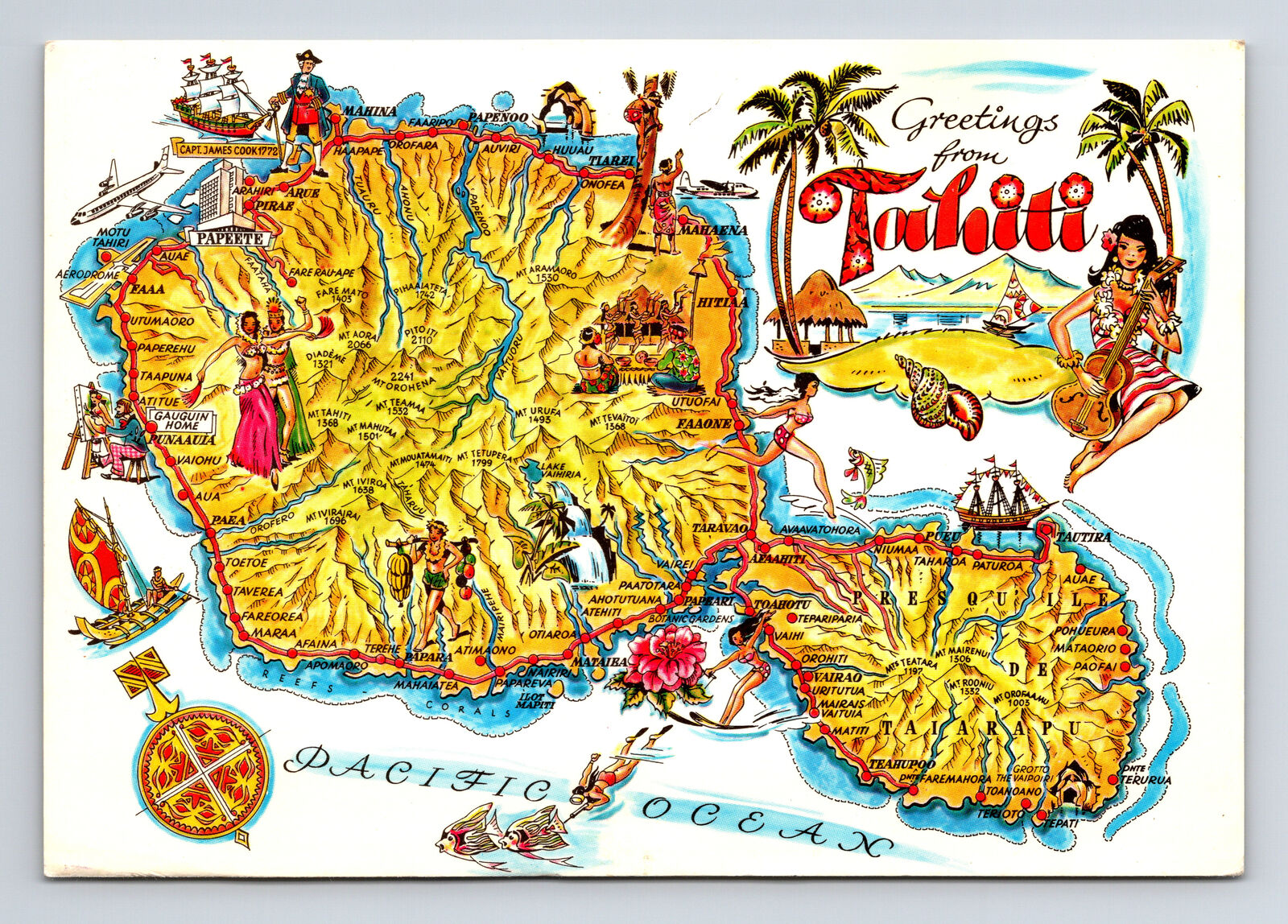 1981 Pictorial Map Greetings From Island of Tahiti Continental Size Postcard
