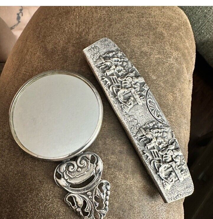 Antique Hans Jensen Denmark Silver Plated Hand Mirror Repousse Early 1900s