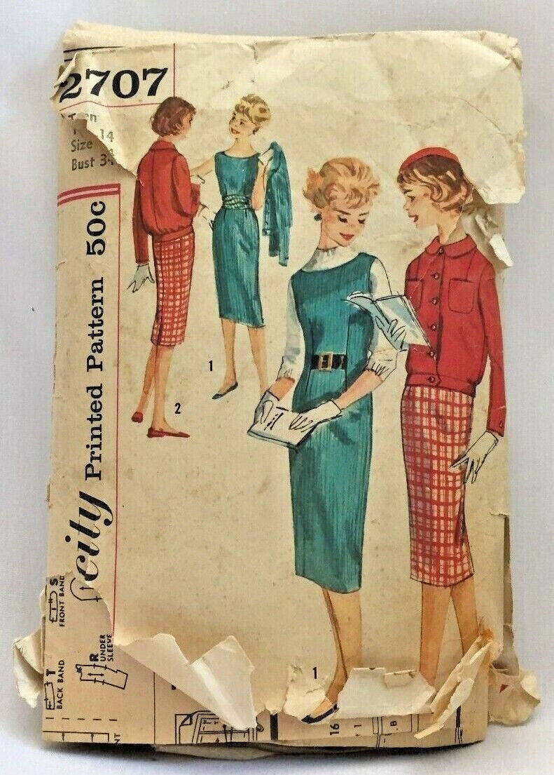 1958 Simplicity Sewing Pattern 2707 Teen Jumper Dress Jacket Size 14 Vintag 3615