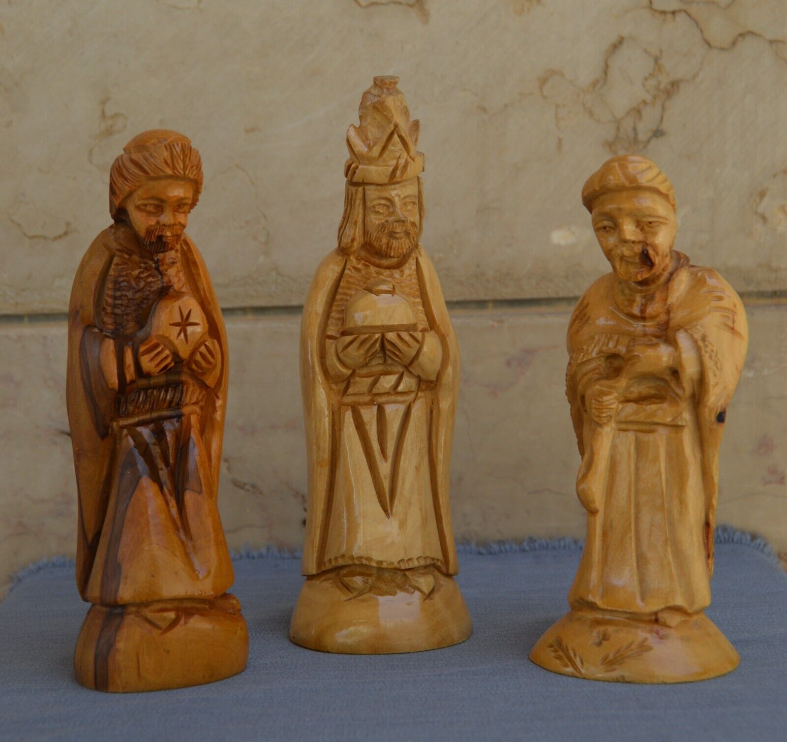Rare Vintage Three Kings Wise Men Hand Carved Olive wood Holy Family Statues