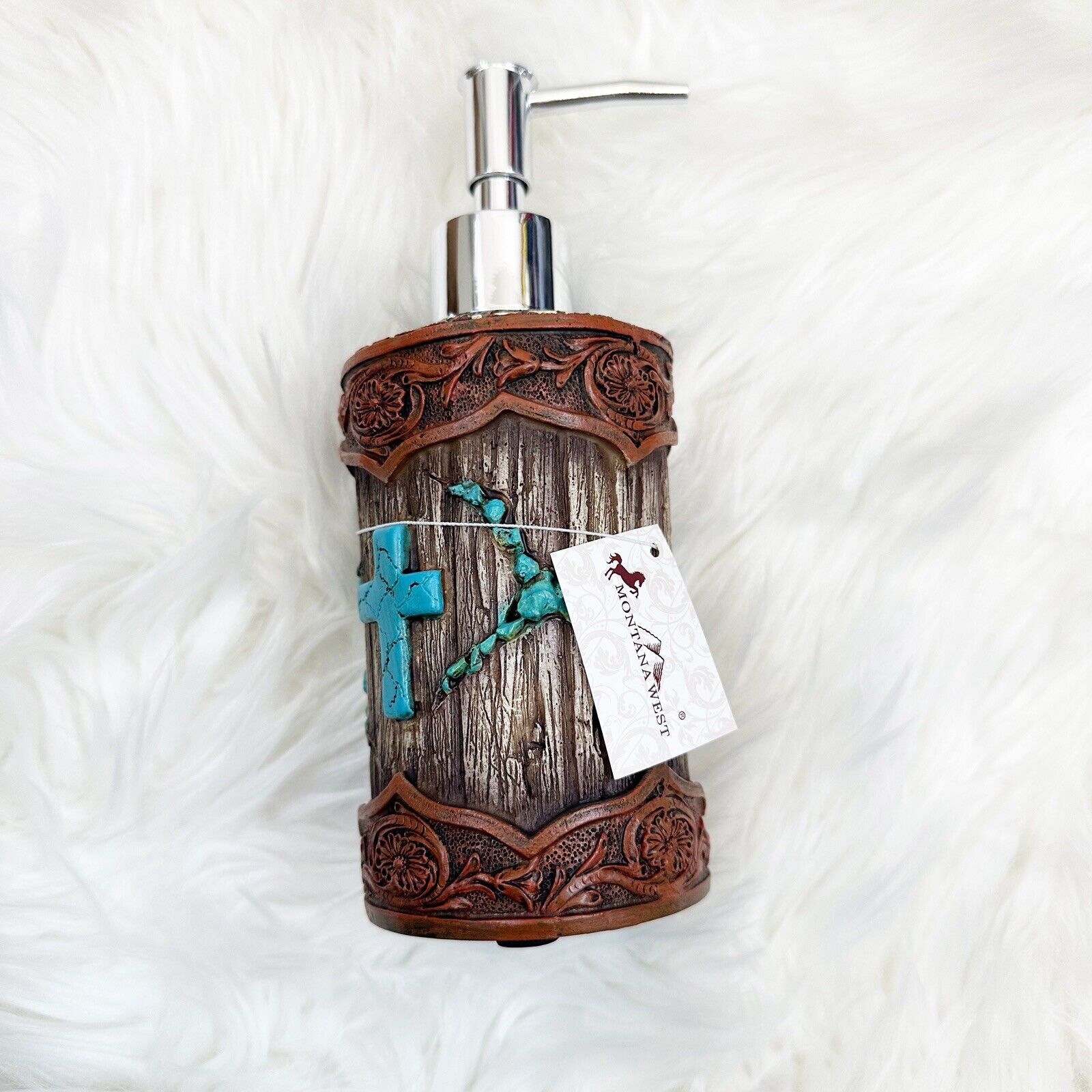 Montana West Wood Like Tooled Leather Resin Bunkhouse Soap Lotion Pump Dispenser