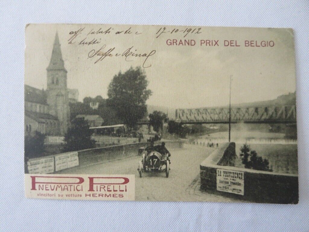 1912 Grand Prix Del Belgio Postcard With Pirelli Tire Advertising & Stamp 