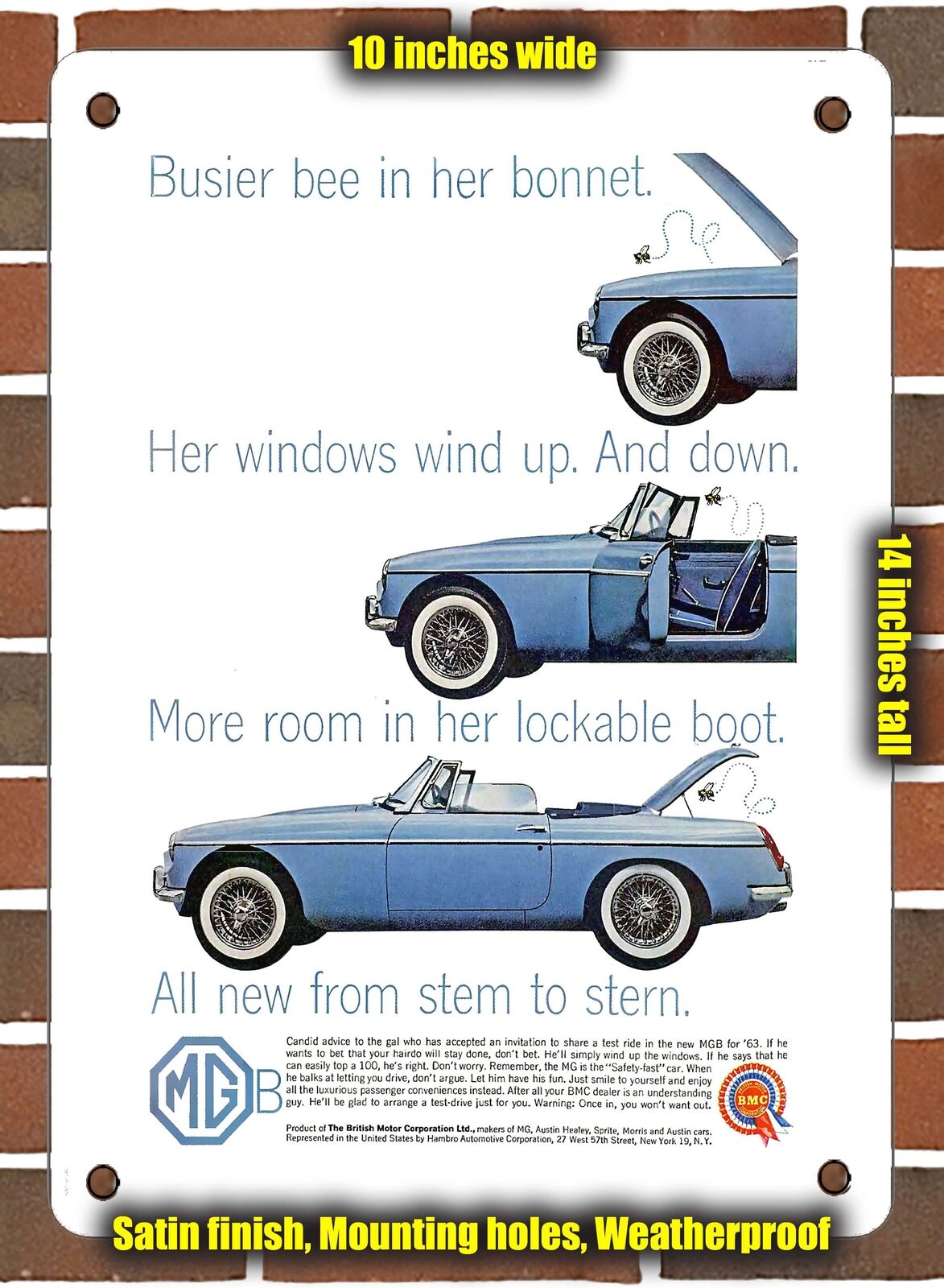 METAL SIGN - 1963 MG MGB Busier Bee in Her Bonnet. - 10x14 Inches